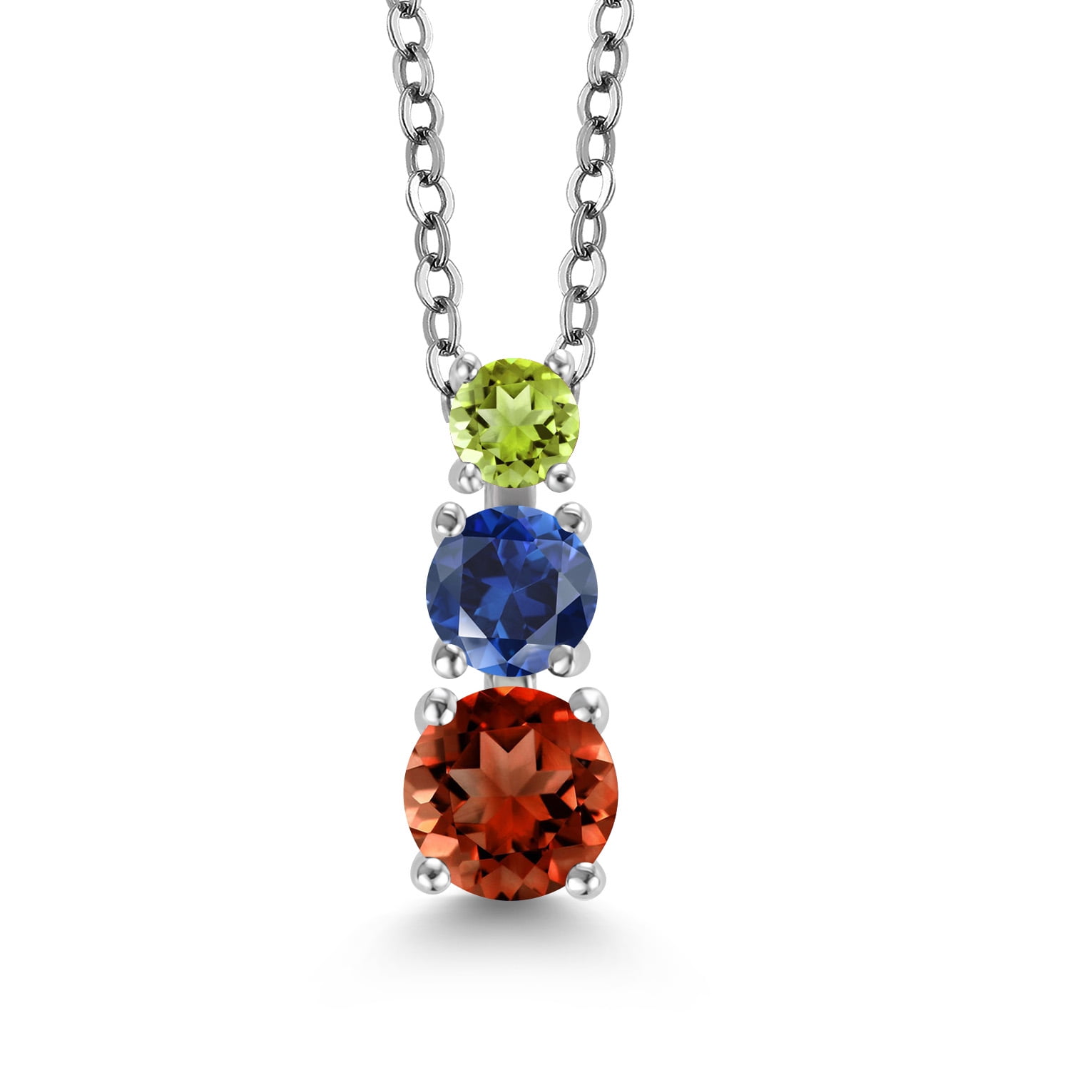 Gem Stone King Red Garnet Blue Created Sapphire Green Peridot 3 Stone Pendant Necklace for Women (1.37 cttw, Gemstone Birthstone, Round 5MM, 4MM and 3MM, with 18 inch Chain)