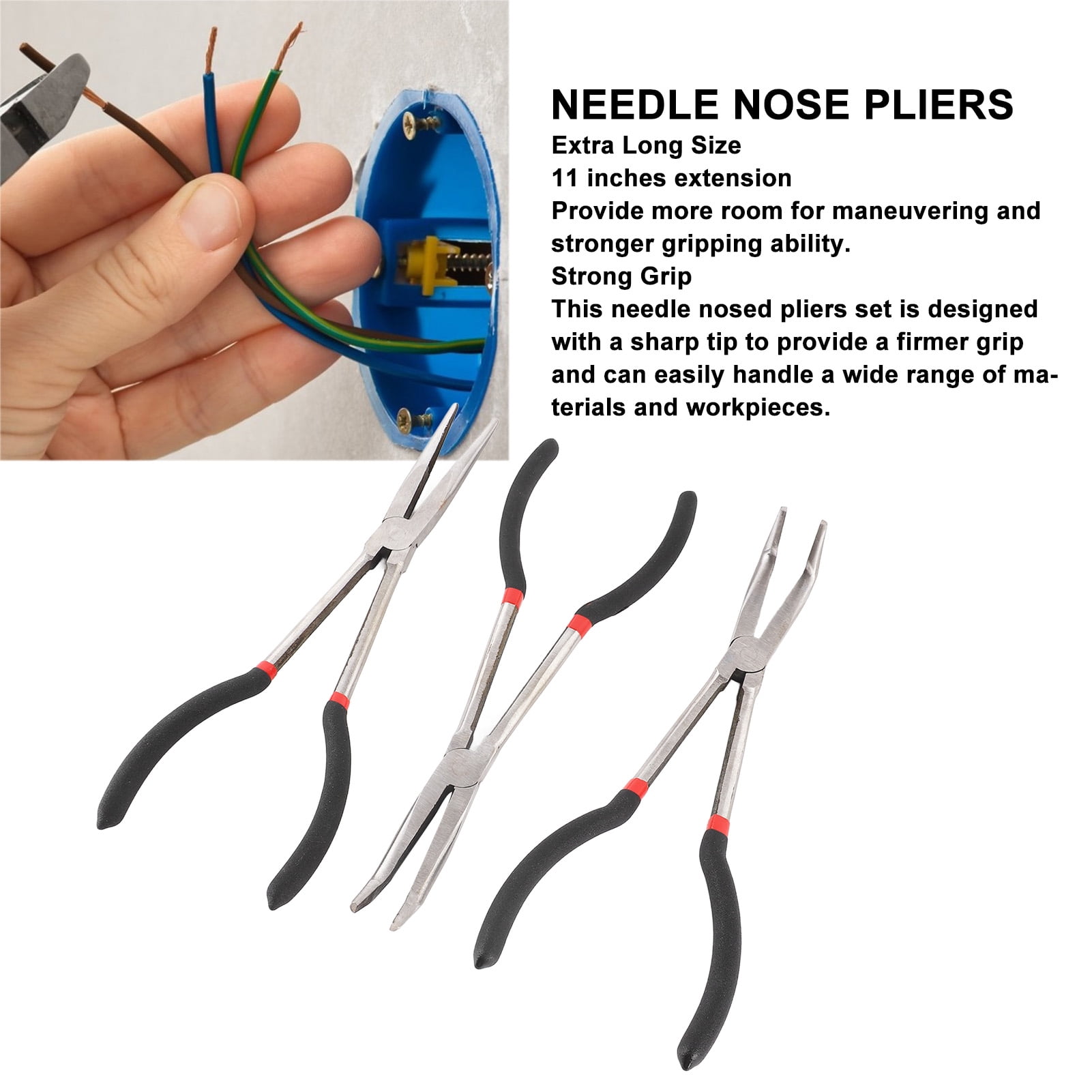 Yajisi 3-Piece 11-Inch Extra Long Needle Nose Pliers Set (Straight, 45 & 90 Degree Angle), Steel Long Reach Pliers for Home Repair, Auto & Crafting (11 in / 27.9 cm)