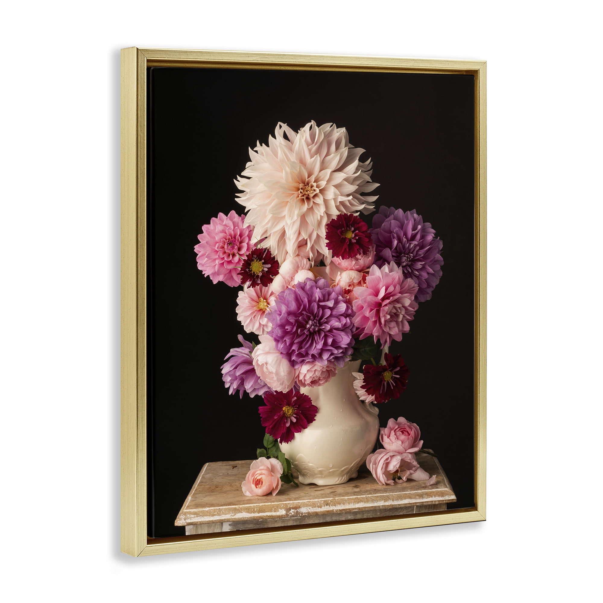 Stupell Industries Full Dahlias Bouquet Plants & Flowers Photography Gold Floater Framed Canvas Art Print Wall Art, 17 x 21