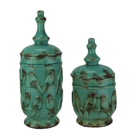 2 Piece Jar - Turquoise Vintage Finish 2 Piece Set of Birds On a Wire Ceramic Jars with Lid