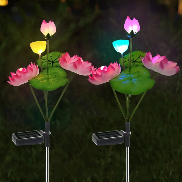 Juego de 2 faroles solares de jardín para exterior con luces solares de loto multicolor para decoración de jardín y patio (rosa)