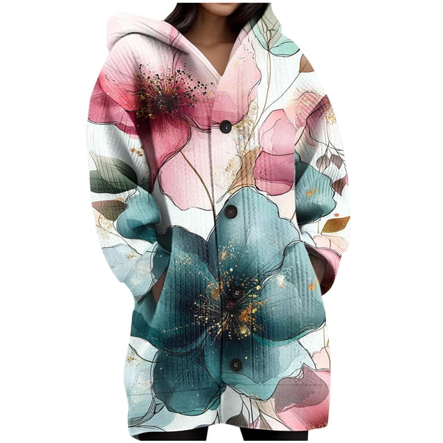 JGGSPWM Womens Printed Long Sleeve Chunky Cable Knit Fall Cardigans Sweaters Button Down Open Front Hooded Outerwear with Pockets Green L