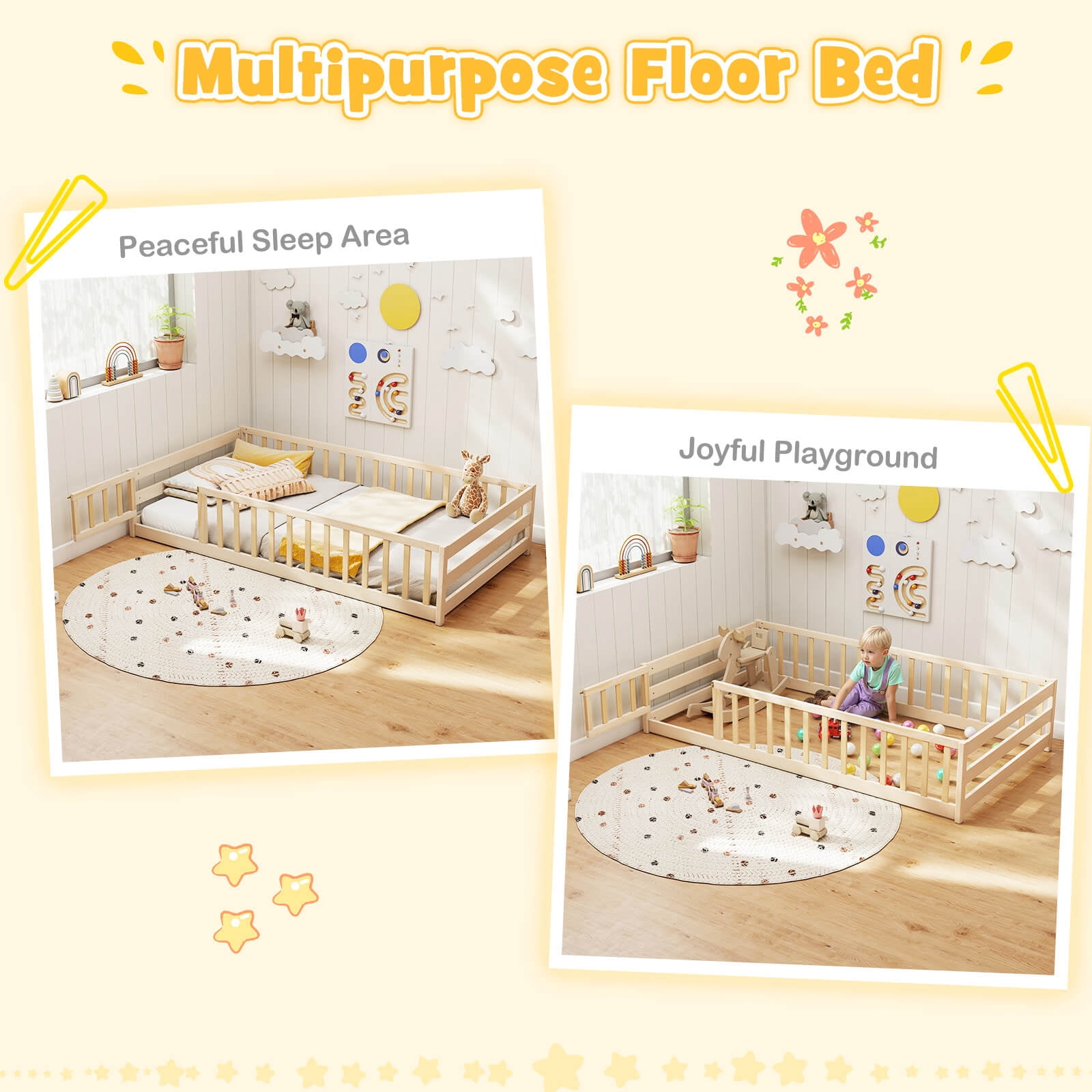 Costway Twin Size Floor Bed with Door & Fence with Safety Guardrails & Slats Support Beige