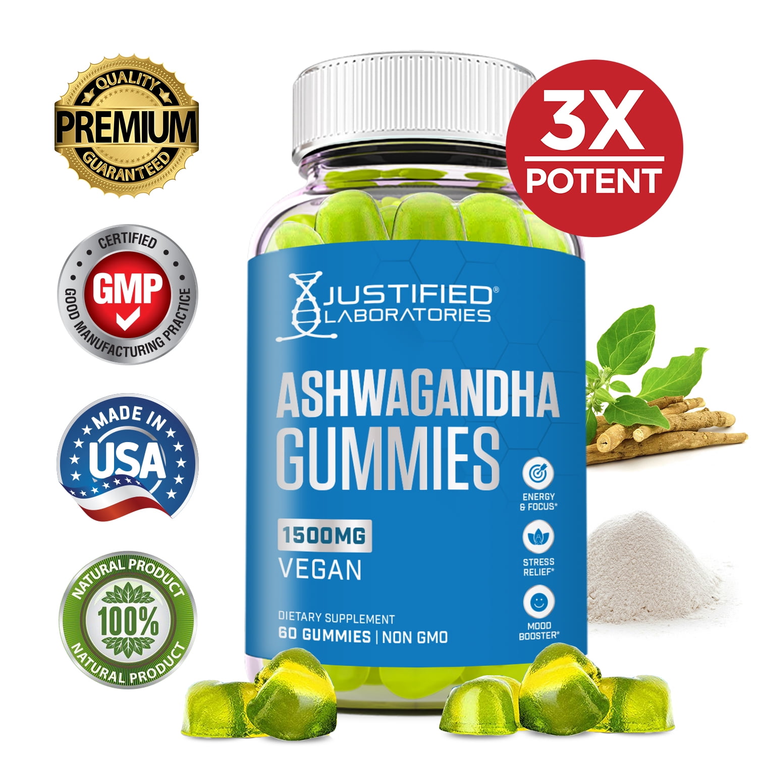 Ashwagandha Gummies 1500MG Stress Relief Aid Sleep Calm Mood Energy Chewable Vitamins for Women Men 60 Gummys
