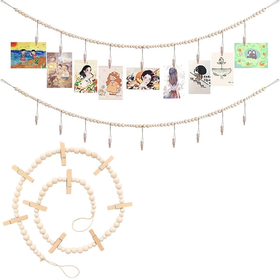 2 Set Wooden Bead Garland 57 Inch Hanging Photo Display Wall Decoration Boho Wooden Bead Picture Hanging String with Clips Farmhouse Photo Holders for Living Room Office Decor