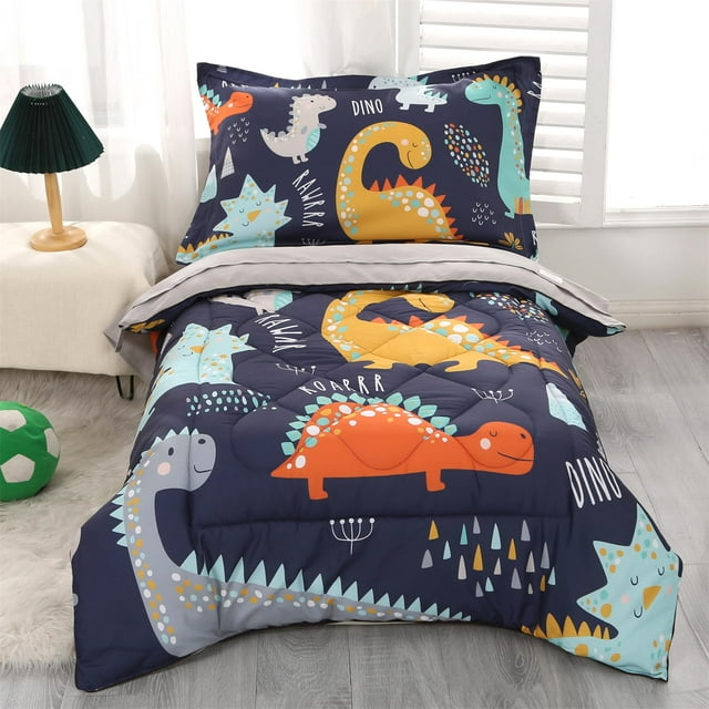 Juego de ropa de cama para niños pequeños Wowelife, dinosaurio, azul y gris, 4 piezas