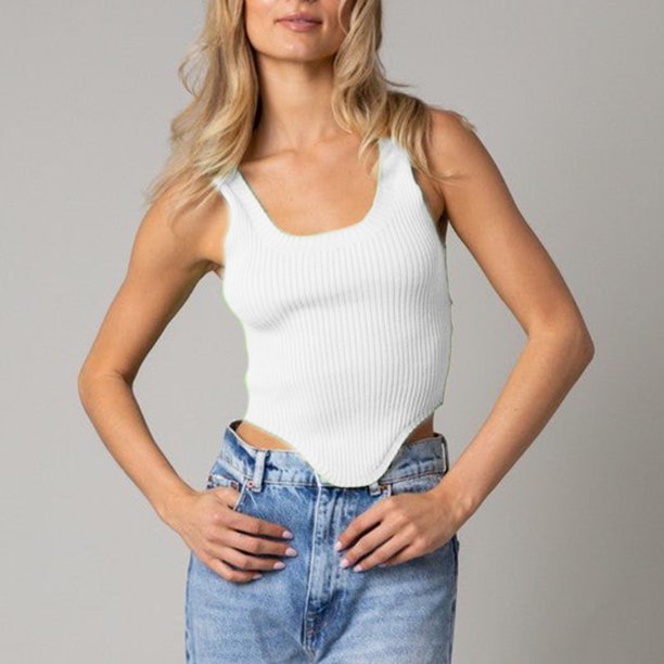 Débardeur côtelé décontracté en tricot pour femmes Y2k, haut court slim, t-shirts d'entraînement