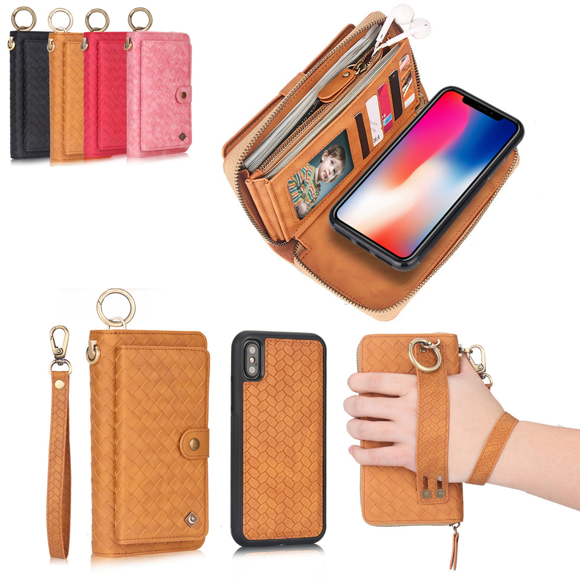 Jinghuash Leather Wallet Phone Case Compatible for iPhone XS Max,Premium Zipper Flip Wallet Case Cover With Credit Card Holder & Wrist Strap & Magnetic Closure for Girls Women,Rose Red 