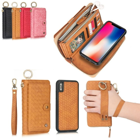 iPhone XS Wallet Detachable Case, iPhone X Case, Dteck [Weave Style] Zipper Purse Phone Case Multi-functional Folio Flip Leather Removable Magnetic Back Cover, Yellow weave