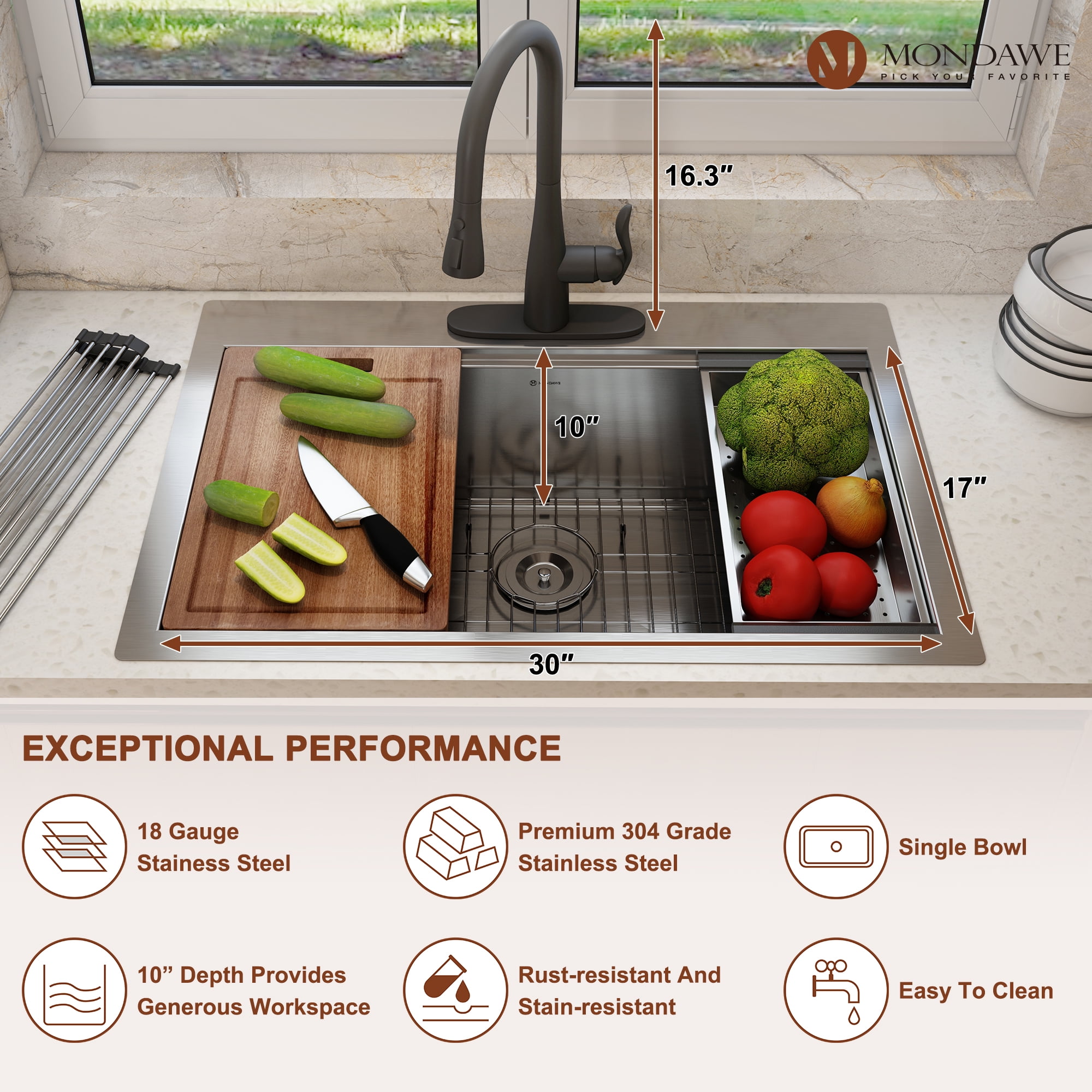 33” Stainless Steel Workstation Kitchen Sink Drop-In Undermount Single Bowl  with WorkFlow™ Ledge and Accessories in Stainless Steel 95A9135-33S-SS-3D
