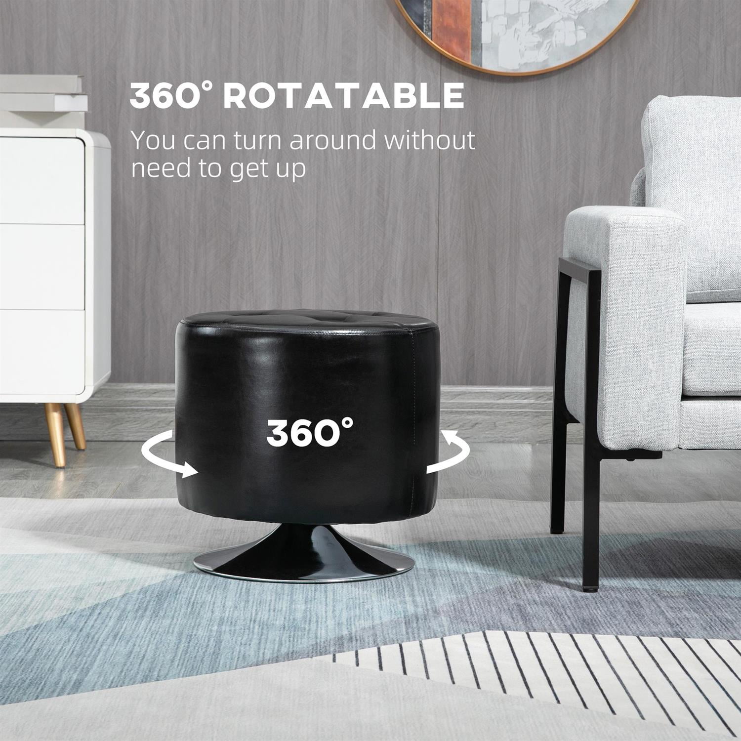 Demi Bonn 18" PU Leather Ottoman with 360° Swivel, Thick Sponge Padding & Solid Steel Base for Home Use, Comfortable Stool, Black