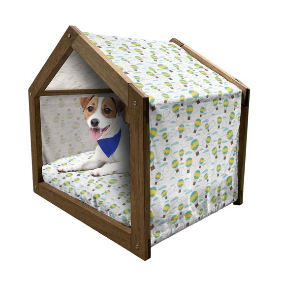 Balloon Pet House, Pattern with Cartoon Style Hot Air Balloons in Sky Swirling Dashed Lines and Clouds, Outdoor & Indoor Portable Dog Kennel with Pillow and Cover, 5 Sizes, Multicolor, by Ambesonne