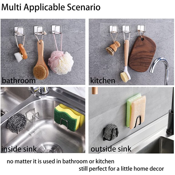 Soporte de esponja para fregadero de cocina, paquete de 2 ganchos autoadhesivos resistentes al agua de acero inoxidable, sin agujero, sin perforación, color plateado LingWen 8390606651693
