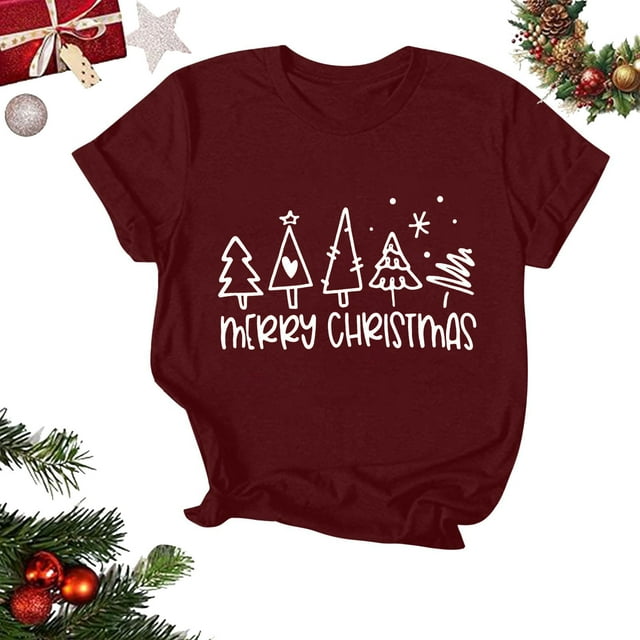 Amzcrzy Hauts d'Été pour Femmes Hauts de Noël Imprimés Col Rond Manches Courtes T-Shirt Haut Manches Courtes Col Rond T-Shirts pour Femmes Hauts Manches Courtes pour Femme
