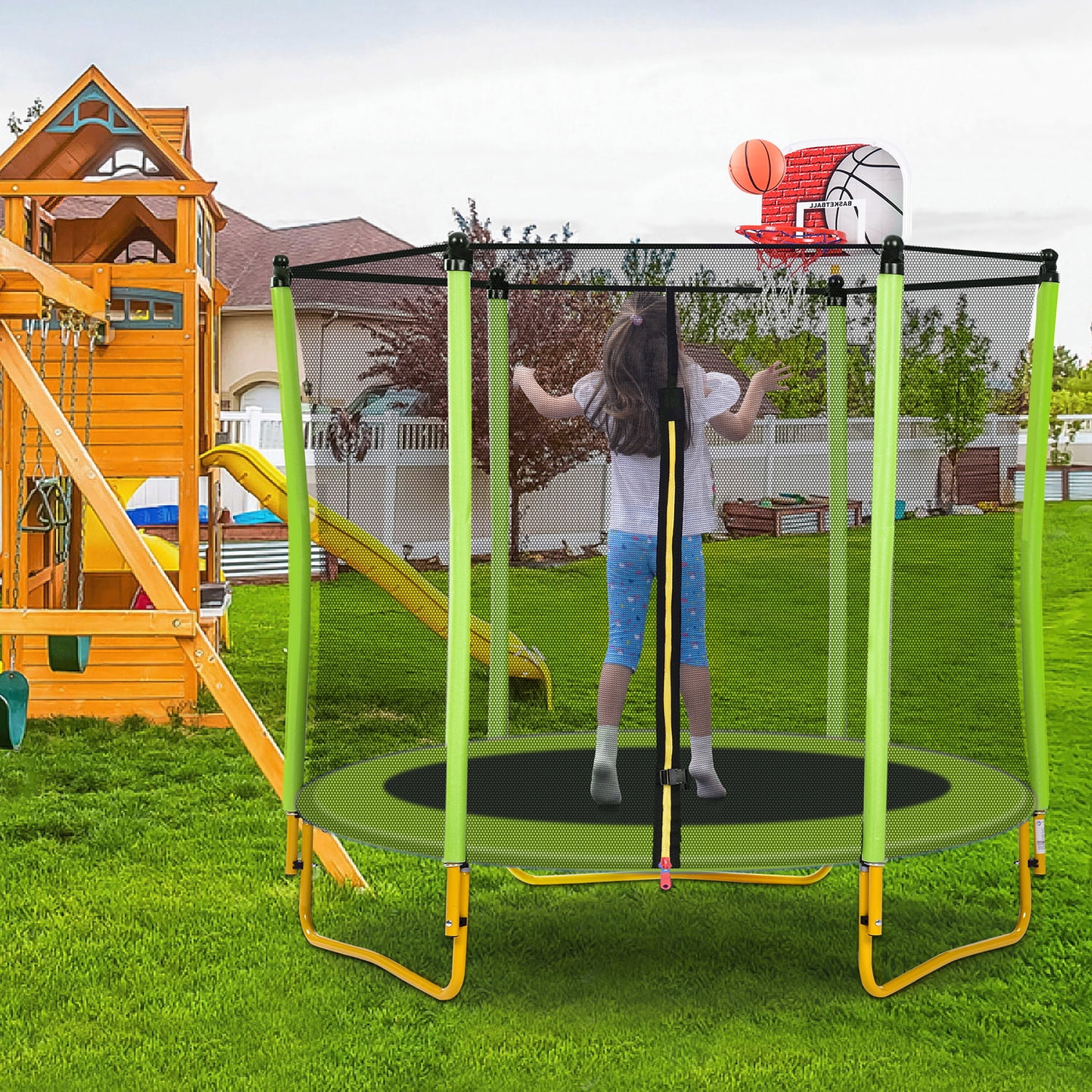 Kadyn 5.5FT Children Trampoline, Metal Mini Small Trampolines with Enclosure, Basketball Hoop and Ball Included, Indoor Outdoor Mini Trampoline for Kids, Green Kadyn 5.5FT Children Trampoline, Metal Mini Small Trampolines with Enclosure, Basketball Hoop and Ball Included, Indoor Outdoor Mini Trampoline for Kids, Green