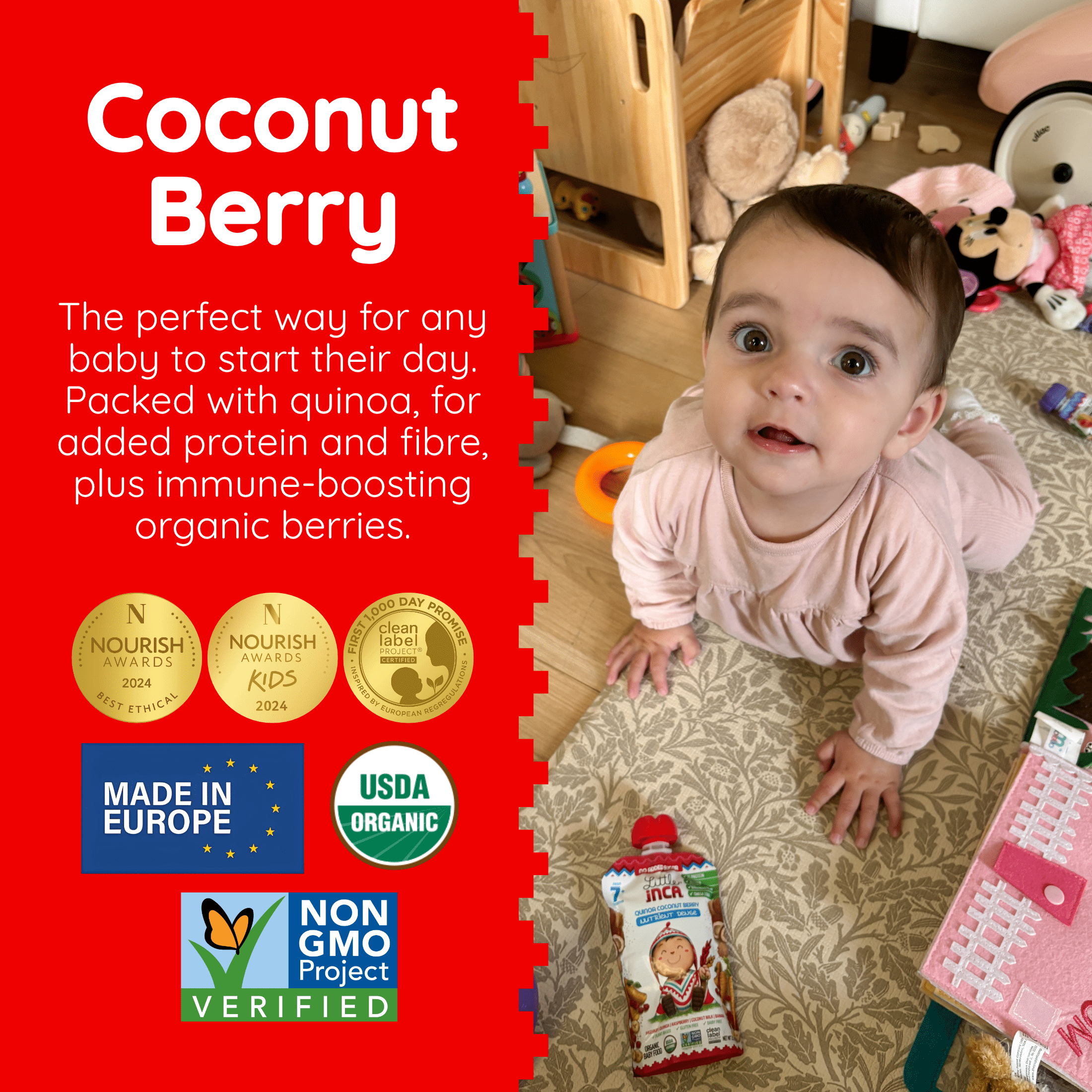 Little Inca Stage 2 Baby Food Pouches, Quinoa Coconut Berry Baby Puree, Plant Based High Protein, Dairy-Free, 6 x 3.5oz
