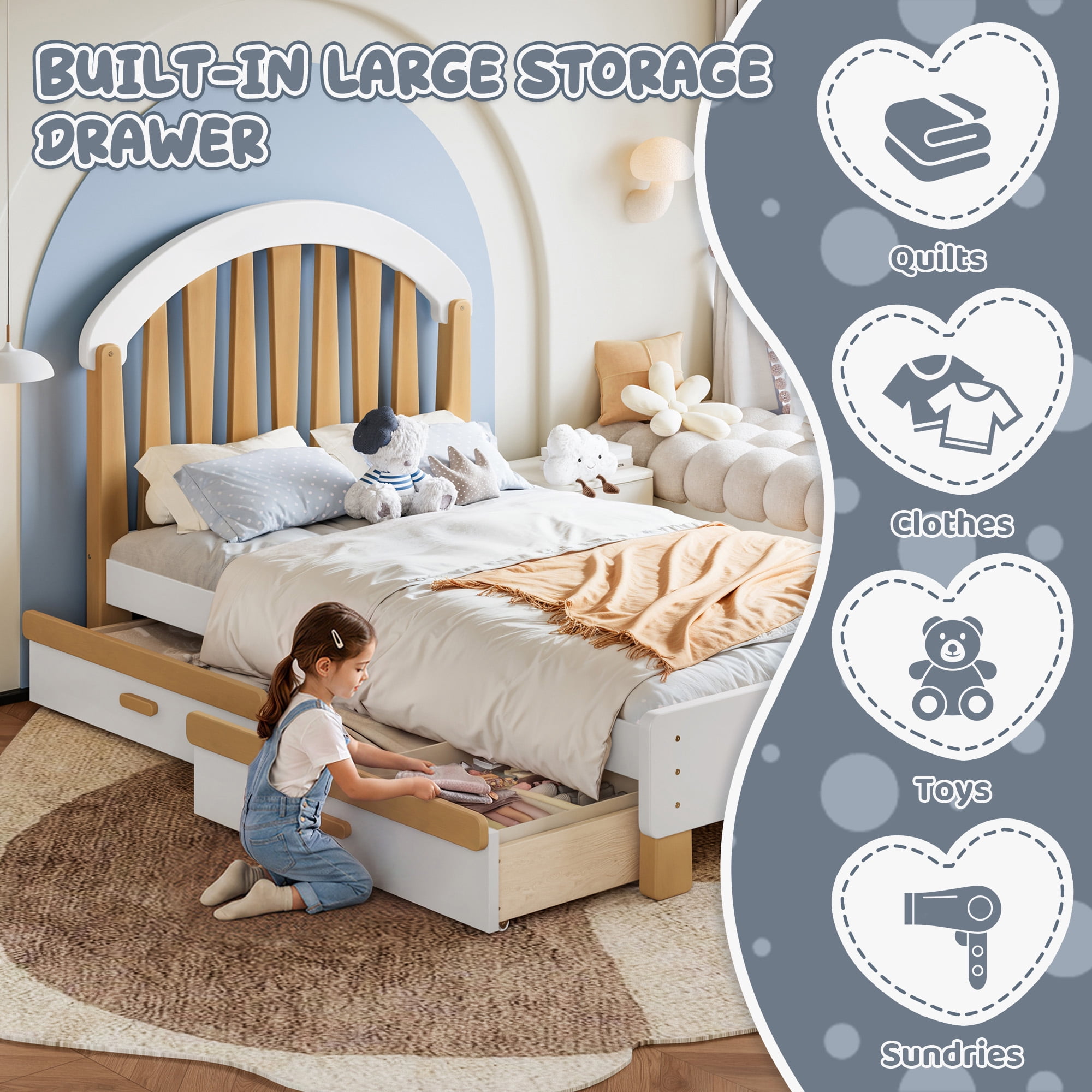 Mintazer Kids Twin Size Platform Bed Frame with 2 Storage Drawers & Curved Round Headboard, No Box Spring Needed, Natural & Beige