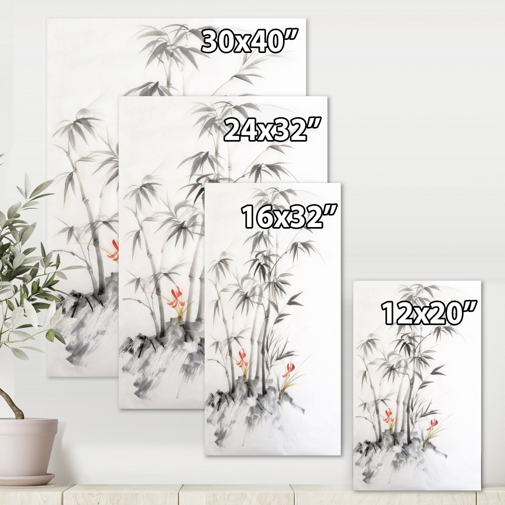 Designart ' Vintage Black and White Bamboo III ' Traditional Canvas Wall Art Print