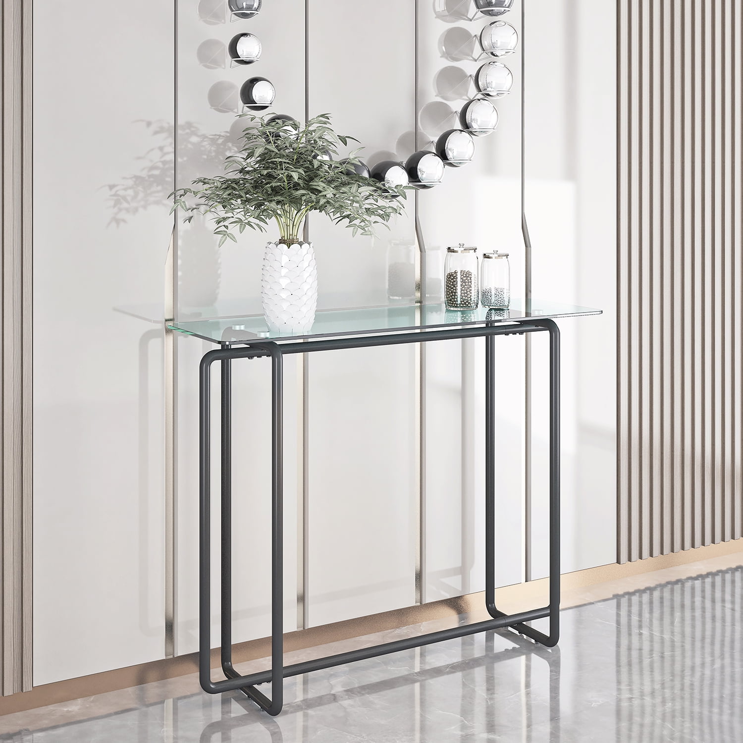Kadyn Console Glass Table, Black Leg Double Tempered Glass Tea Table, Entryway Console Sofa Table for Living Room, Transparent Kadyn Console Glass Table, Black Leg Double Tempered Glass Tea Table, Entryway Console Sofa Table for Living Room, Transparent