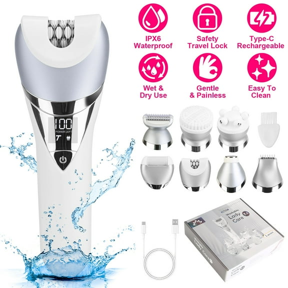 7-in-1 Electric Razors for Women Painless Travel Hair Removal Epilator for Legs Face Arms Bikini Armpit IPX6 Waterproof Wet Dry Use Cordless Rechargeable Body Trimmer Shaver Kit