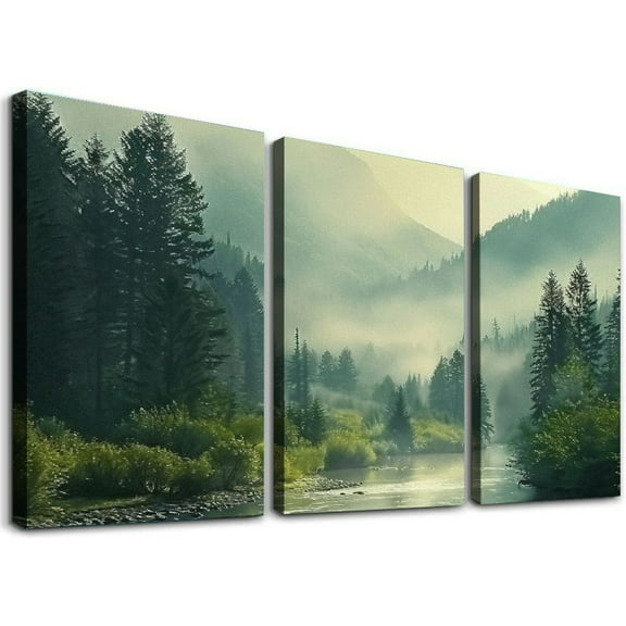 JRXY Nature Landscape Wall Art Misty Forest Prints Mountain Pictures Dark Green Plant Posters Botanical River Canvas Home Wall Decor for Living Room Bedroom Bathroom,3 pcs 12x16x3pcs