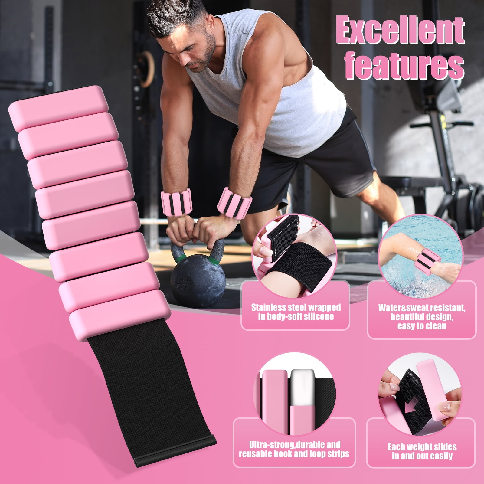 Ankle Weight Wrist Weight 2 Pack (1lb Each) Adjustable Arm and Leg Weight Suitable for Women and Men Pilates Gym Yoga Aerobic Strength Training(Pink)