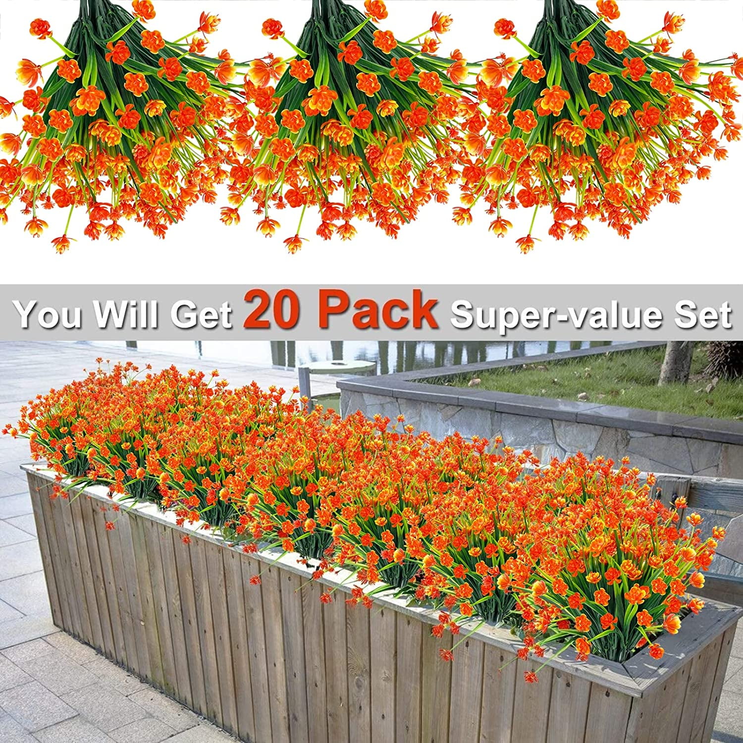 20 Bundles Artificial Flowers for Outdoor Decoration, Fall Decoration UV Resistant Faux Outdoor Plastic Greenery Shrubs Plants Fake Flowers Home Garden Fall Decor(Orange Red)