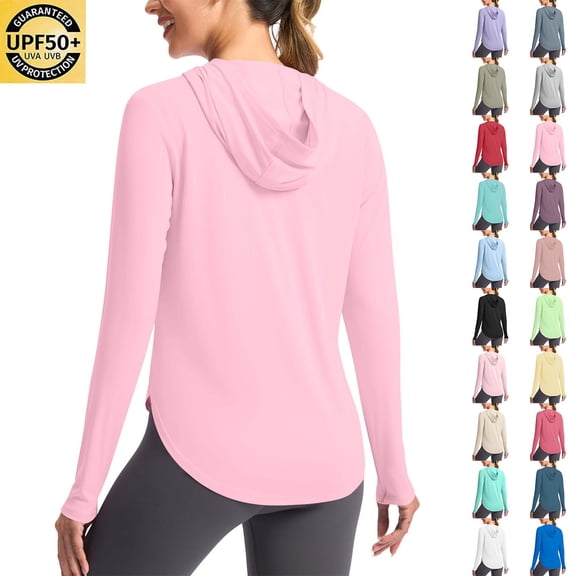 Horkkom Sun Protection Clothing Women Solid Color Long Sleeve Hiking Shirts Summer Outdoor Work Tops with Hood L