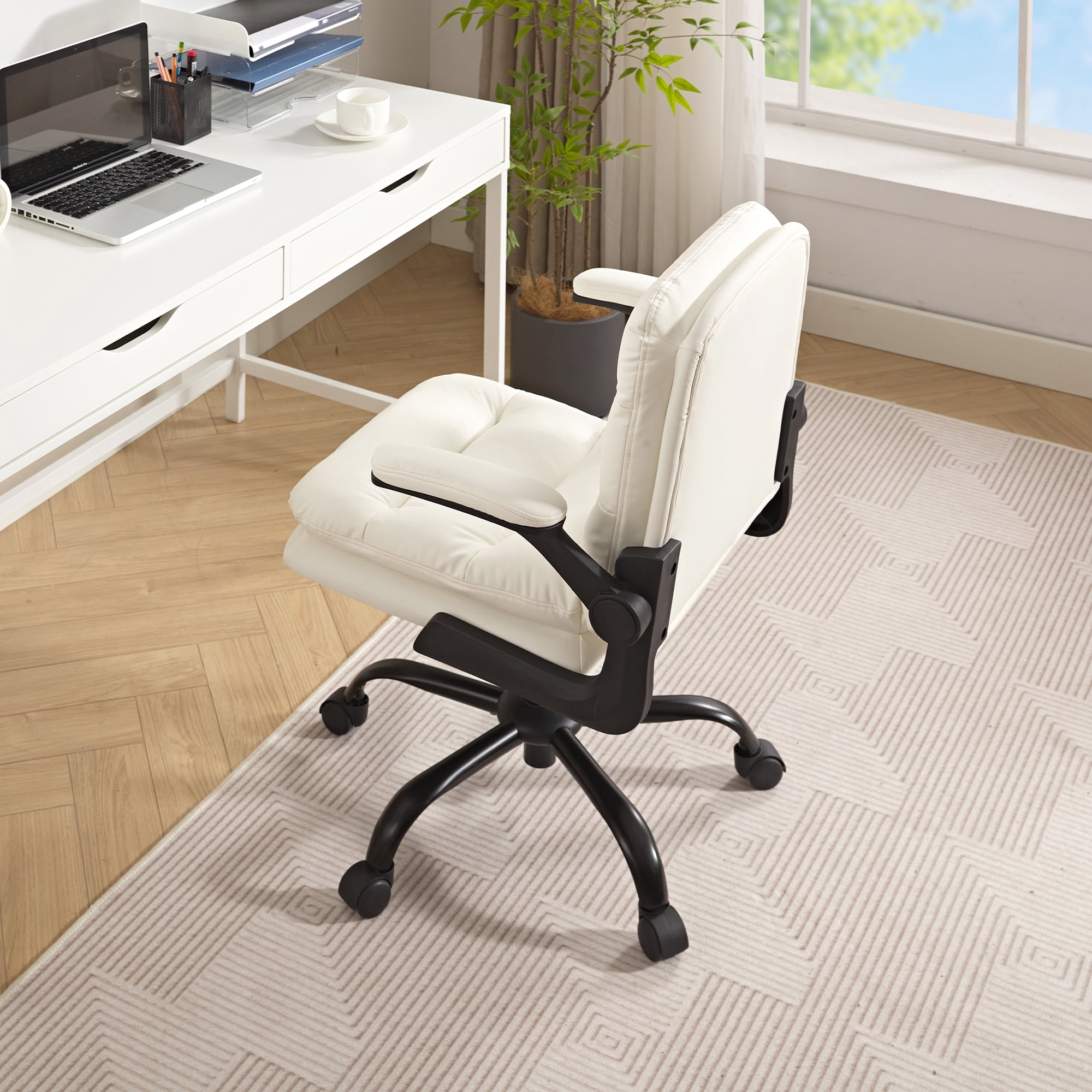 VECELO Ergonomic Office Chair, PU Leather Thick Padding Swivel Executive Computer Desk Chair With Upholstered Flip-Up Arms, White