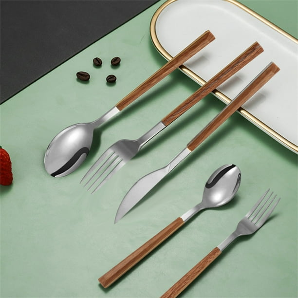 Juego de Cubiertos de Acero Inoxidable - Cubiertos de 4 Piezas con Mango de Imitación Madera: Cuchillo, Tenedor, Cuchara y Palillos - Acabado Plateado, 25 Cm
