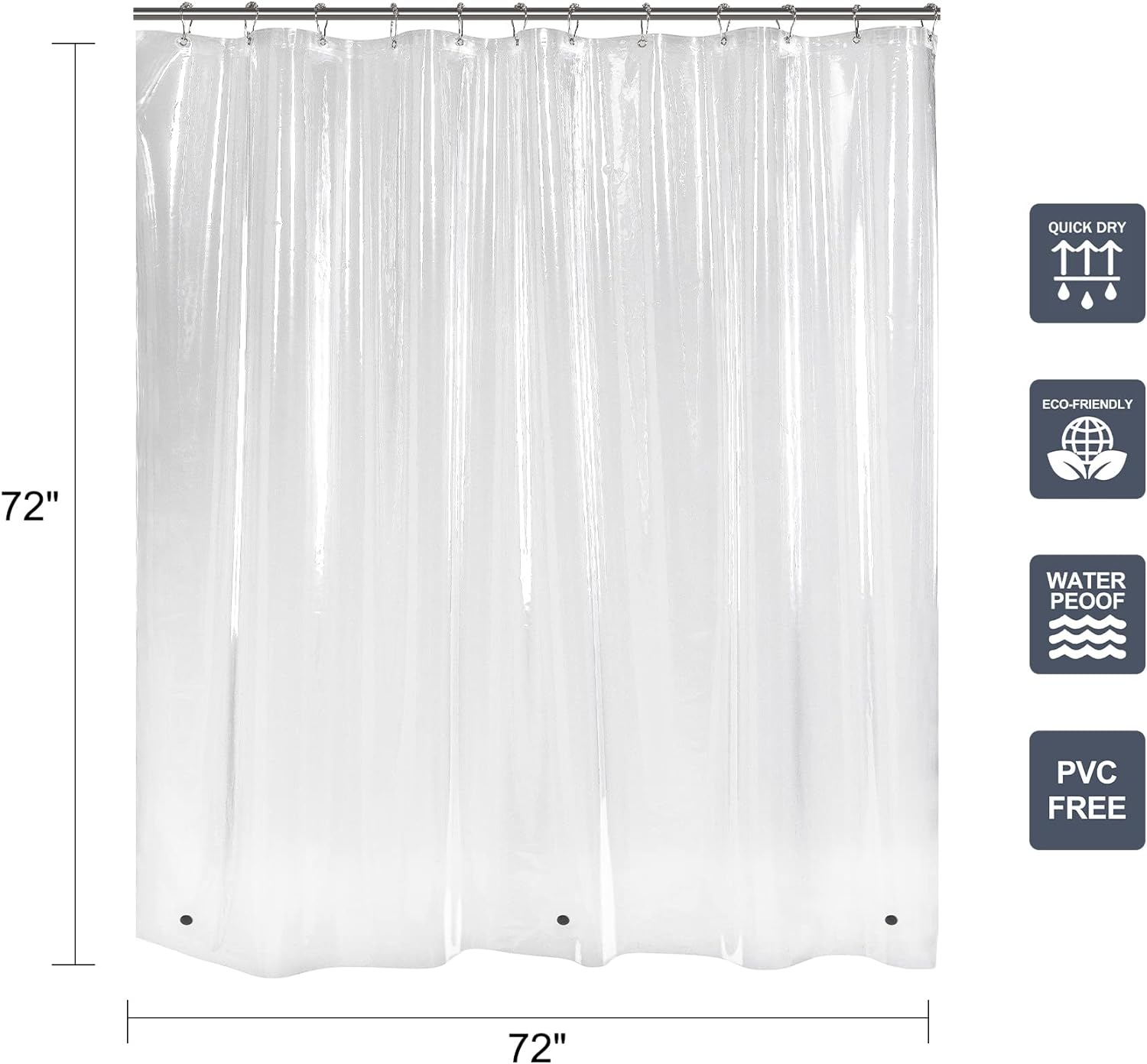 Moopom Clear Shower Curtain Liner, PEVA 72 x 72 Lightweight Waterproof Shower Curtains for Bathroom with Magnets and Rustproof Grommets