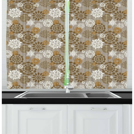 39' Combination Kitchen - Floral Curtains 2 Panels Set, Ornamental Flower Design Various Color Combinations Styles Diagonal Pattern, Window Drapes for Living Room Bedroom, 55W X 39L Inches, Sepia Amber Grey, by Ambesonne