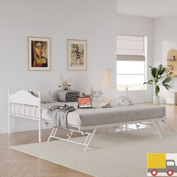 Metal Twin Daybed with Pop-Up Trundle, Sofa Bed Frame with Lockable Casters, Heavy Duty Steel Slats, Space-Saving Design, Modern Headboard for Bedroom or Living Room