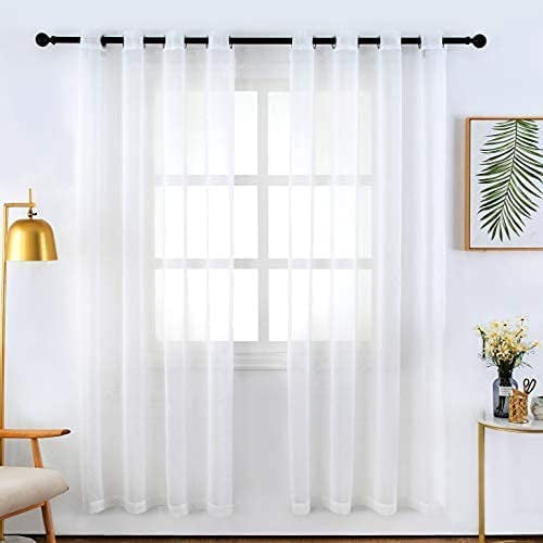 White Semi Sheer Curtains Faux Linen Sheer Curtains 72 Inch Long Window  Curtain with Grommet for Bedroom Living Room 2 Panels, 54 W x 72 L 