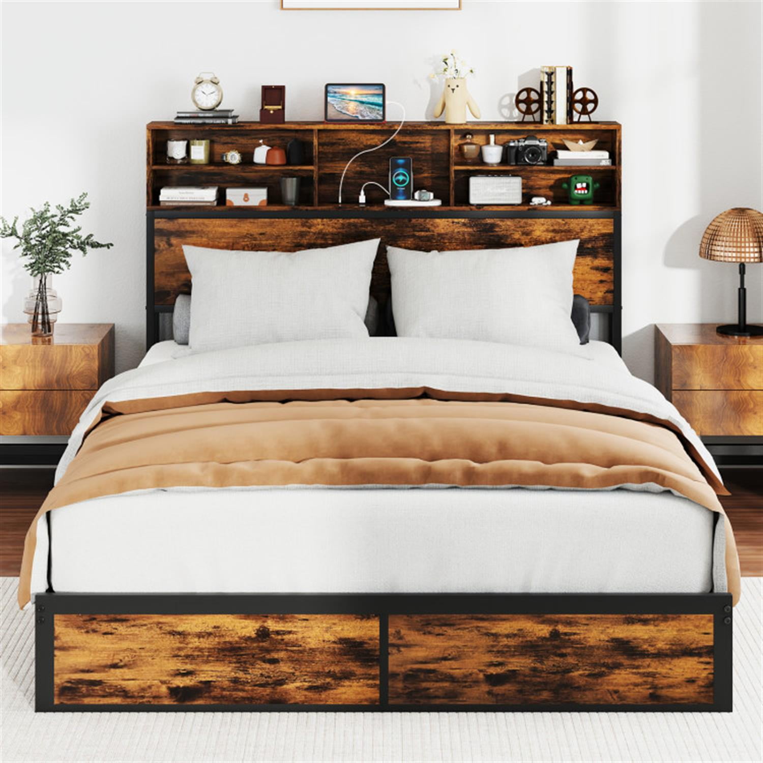 Demi Bonn Queen Size Bed Frame with Wooden Headboard and Footboard, Industrial Metal Platform Bed Frame with Under Bed Storage, No Box Spring Needed, Brown