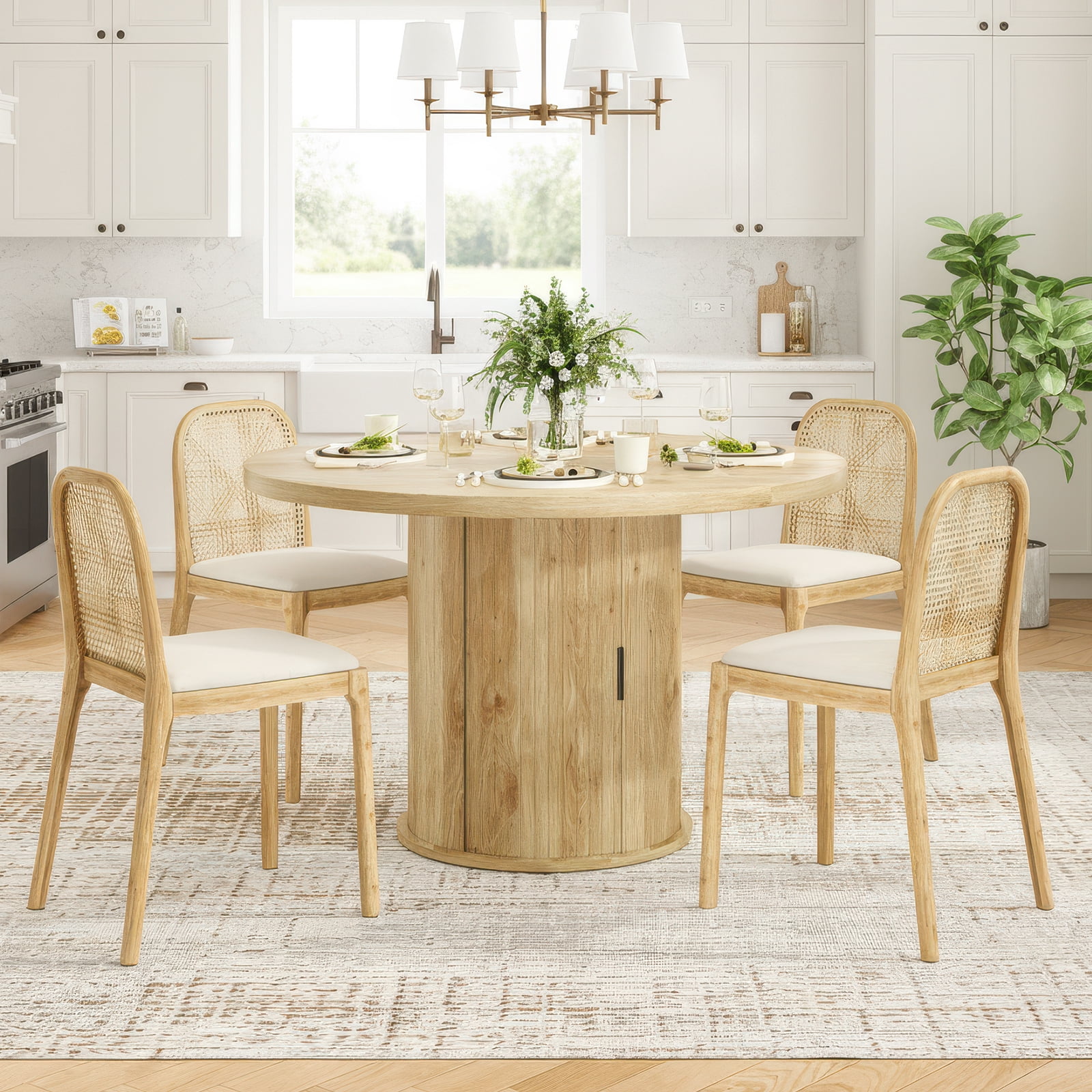 Farini 43" Round Dining Table, Modern Wood Kitchen Table with Hidden Storage & Metal Base, Seats 4, for Dining Room or Kitchen, Natural