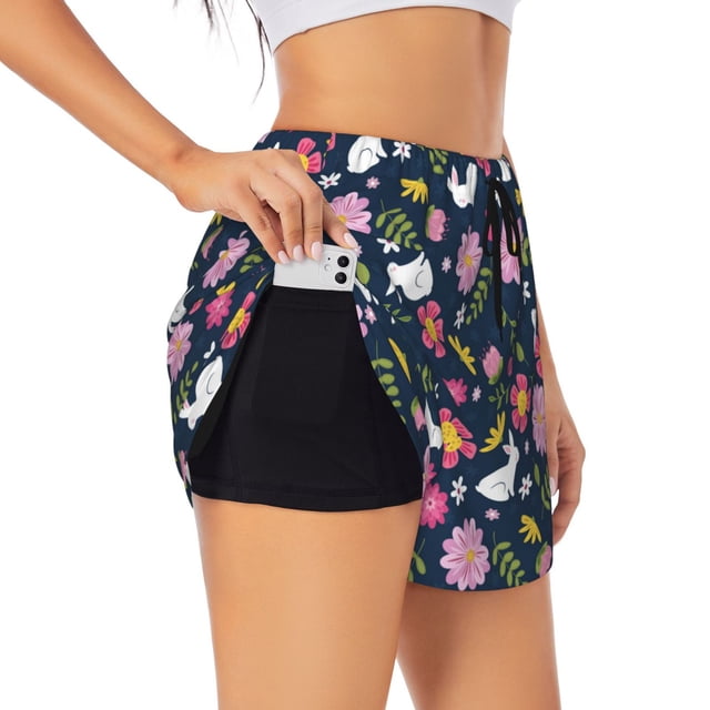 Balery Floral Rabbit Pantalones cortos deportivos para mujer con forro y dos bolsillos, elásticos, para entrenamiento, gimnasio, yoga-Large