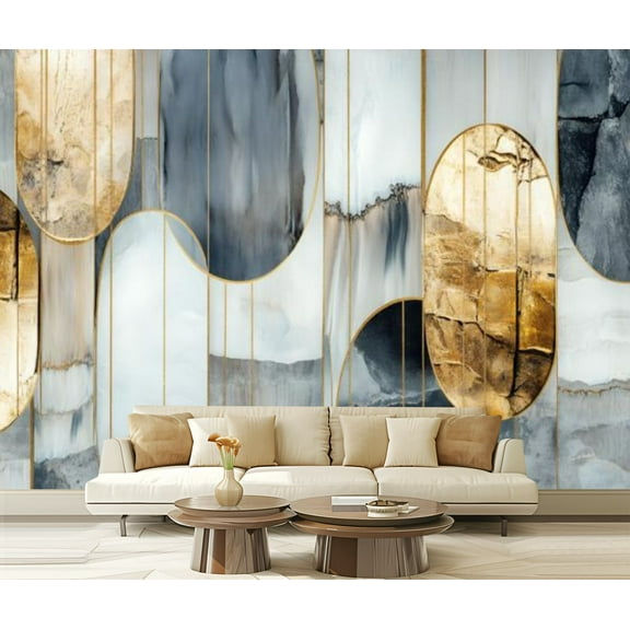 Peel and Stick Wallpaper Canvas Abstract Gold Gray Brown Stone Geometric Circle Grey Modern Abstract Modern Art Wall Mural Decor Self Adhesive and Removable 69in x 98in
