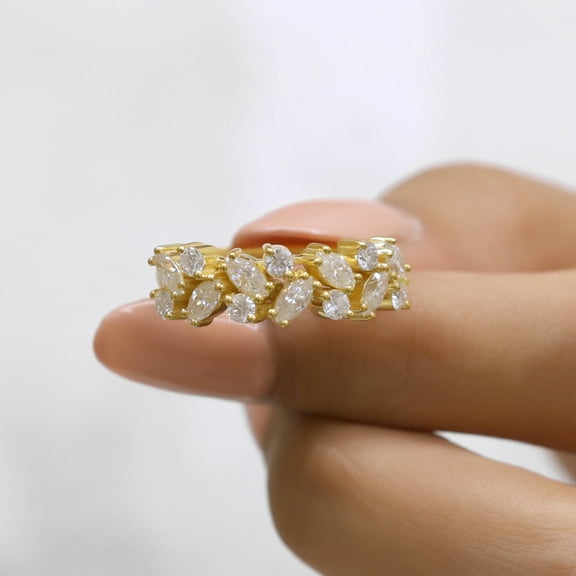 Jewelegant Handmade Marquise Cut Moissanite Double Row Wedding Band - Perfect Stacking Bridal Jewelry - Unique Wedding Band for Women