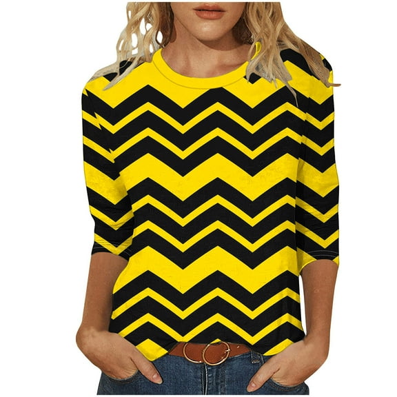 Women 3/4 Sleeve Crewneck Casual Fashion Stripe Print Outfits Tunic Blouses for Womens