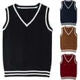 thumbnail image 3 of Women's V Neck Stripe splicing Sweater Vest Uniform Cable Knit Sleeveless Sweater, 3 of 5