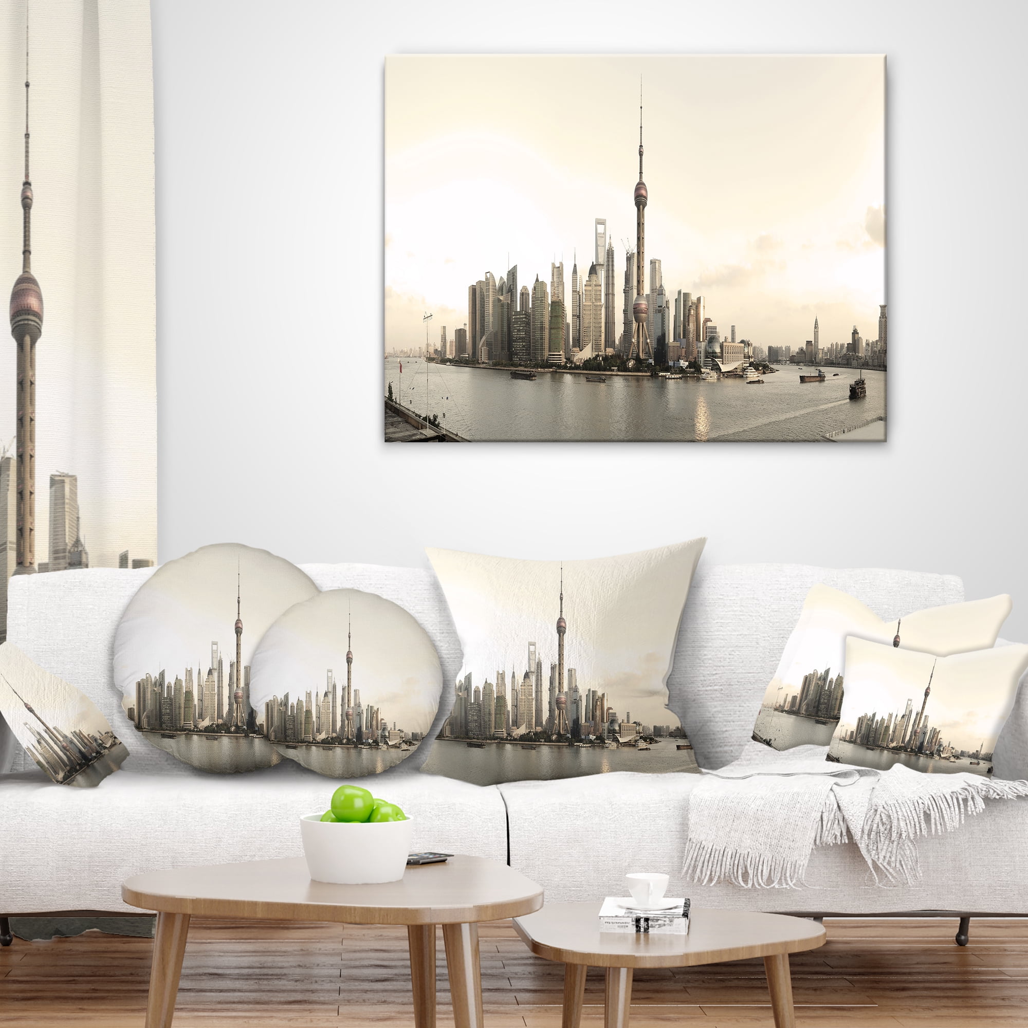 Designart Shanghai s Modern Architecture - Cityscape Photo Throw Pillow - 18x18