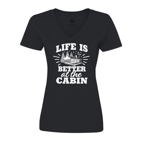 Inktastic Life is Better at The Cabin with Trees and Moon Women's V-Neck T-Shirt