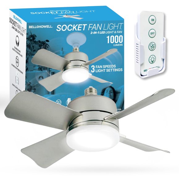 Bell + Howell Ventilateur à Douille Argent Ampoule DEL 2-en-1 1000 Lumens avec Télécommande 3 Vitesses 3 Réglages d'Éclairage Douille E26