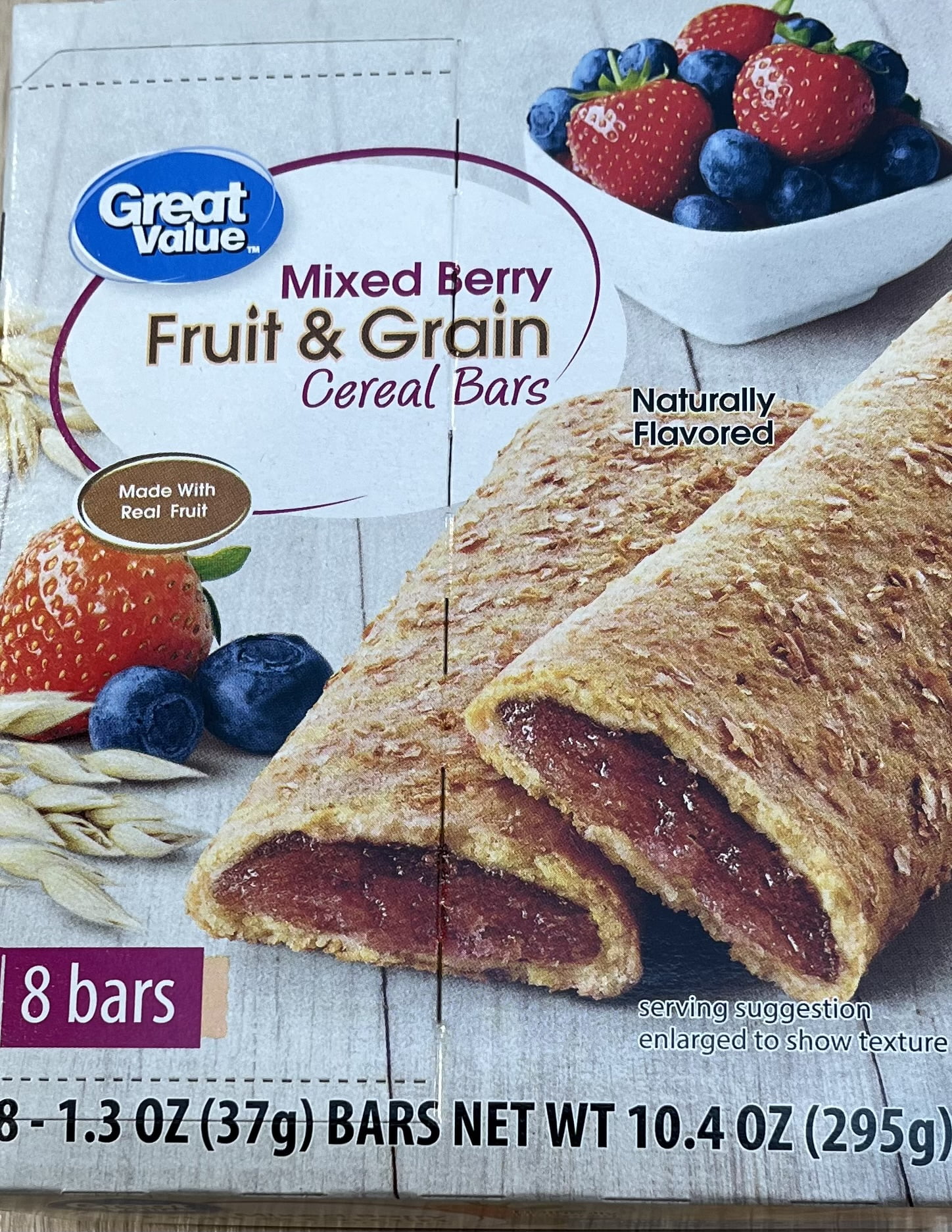 (10 pack) Great Value Fruit and Grain Bars Mixed Berries, 1.3 oz, 8 Count
