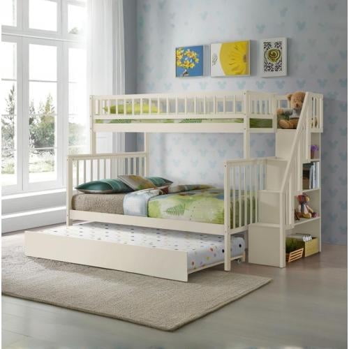 ASINMAK Twin over Full Bunk Bed with Twin Size Trundle, Solid Wood Bed Bunk Frame with Ladder - Cream