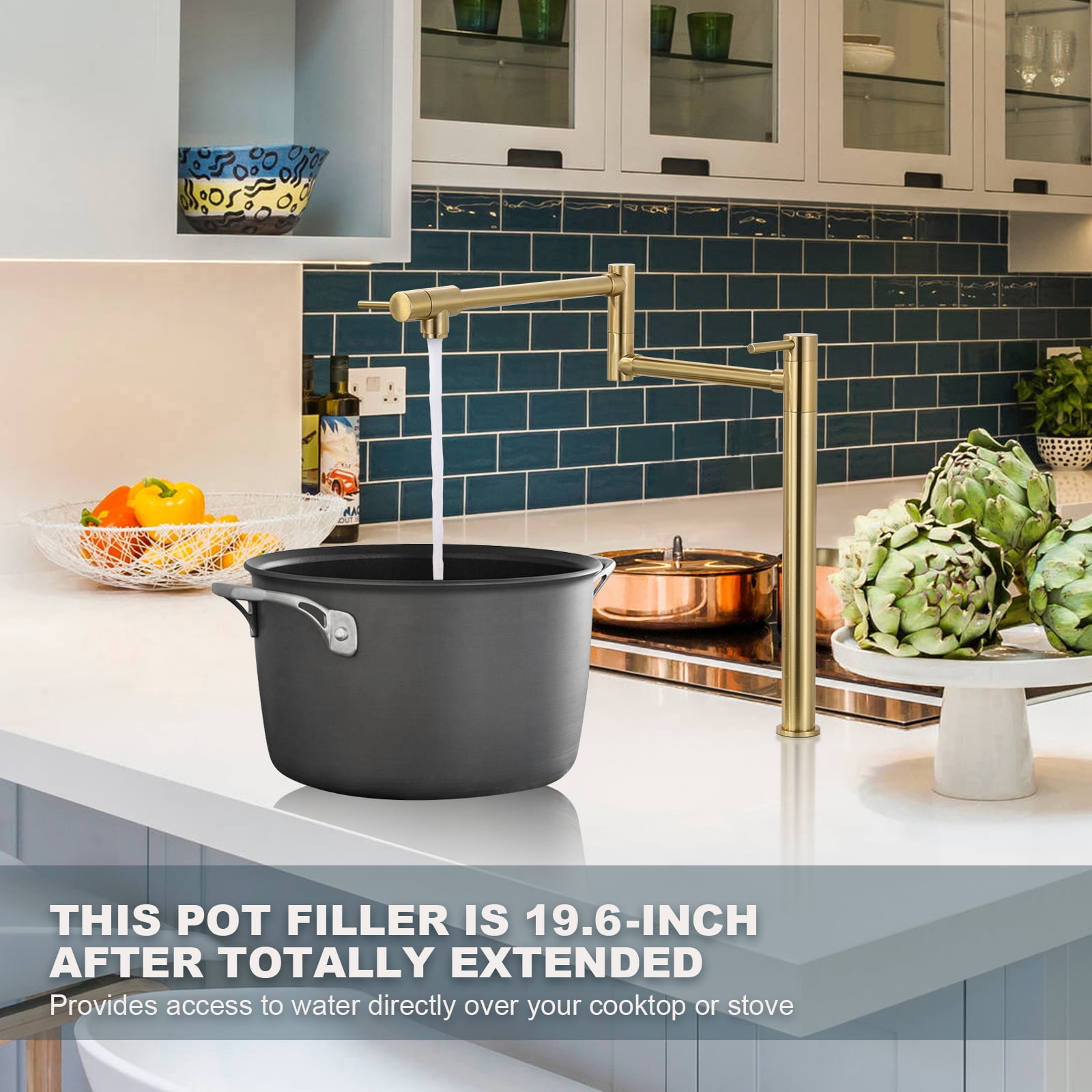 Wowow Deck Mount Stove Pot Fillers Faucet, Solid Brass Folding Kitchen Faucet, Brushed Gold with Stretchable Double Joint Swing Arm