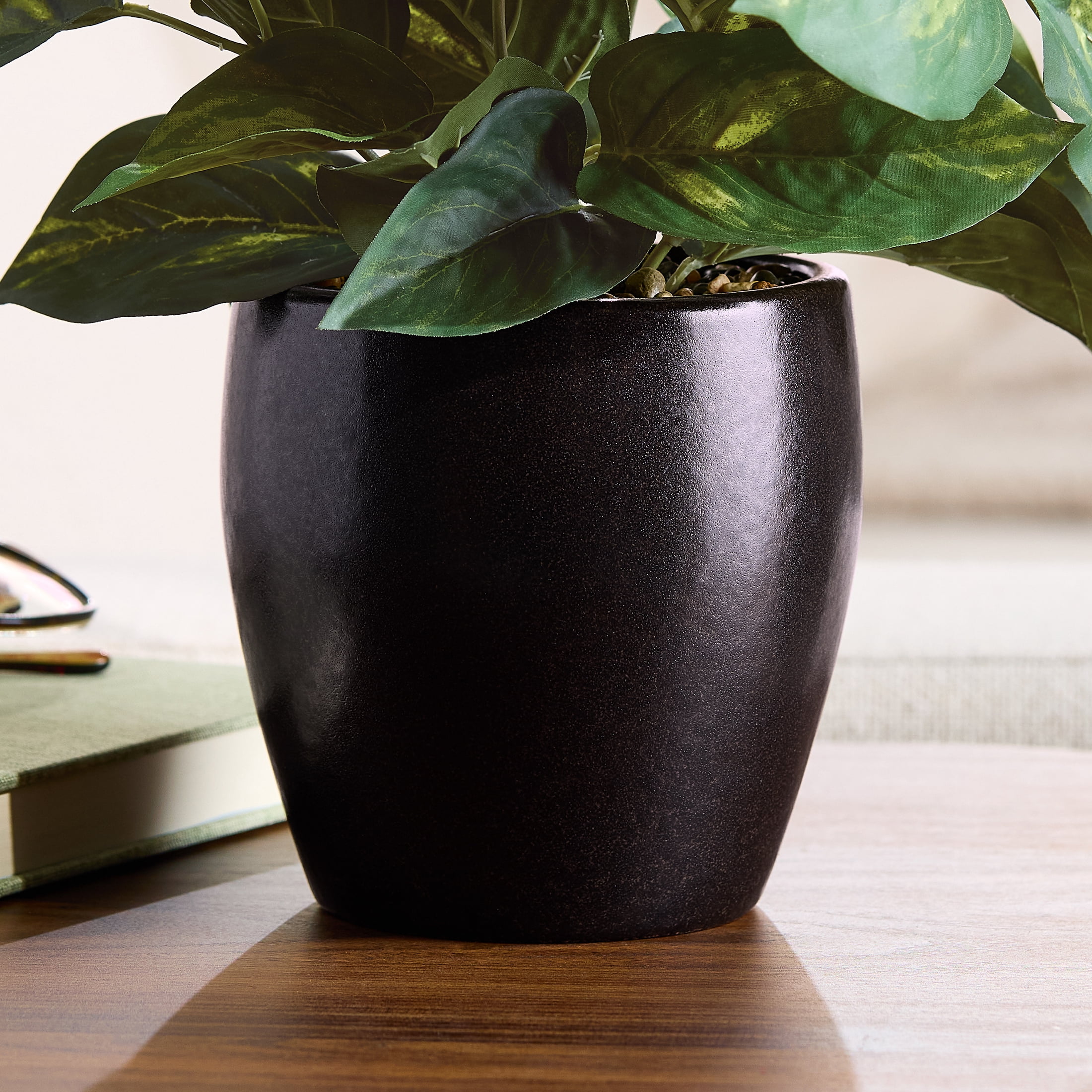 Better Homes & Gardens Artificial Dieffenbachia in Dark Brown Ceramic Planter, 12 in