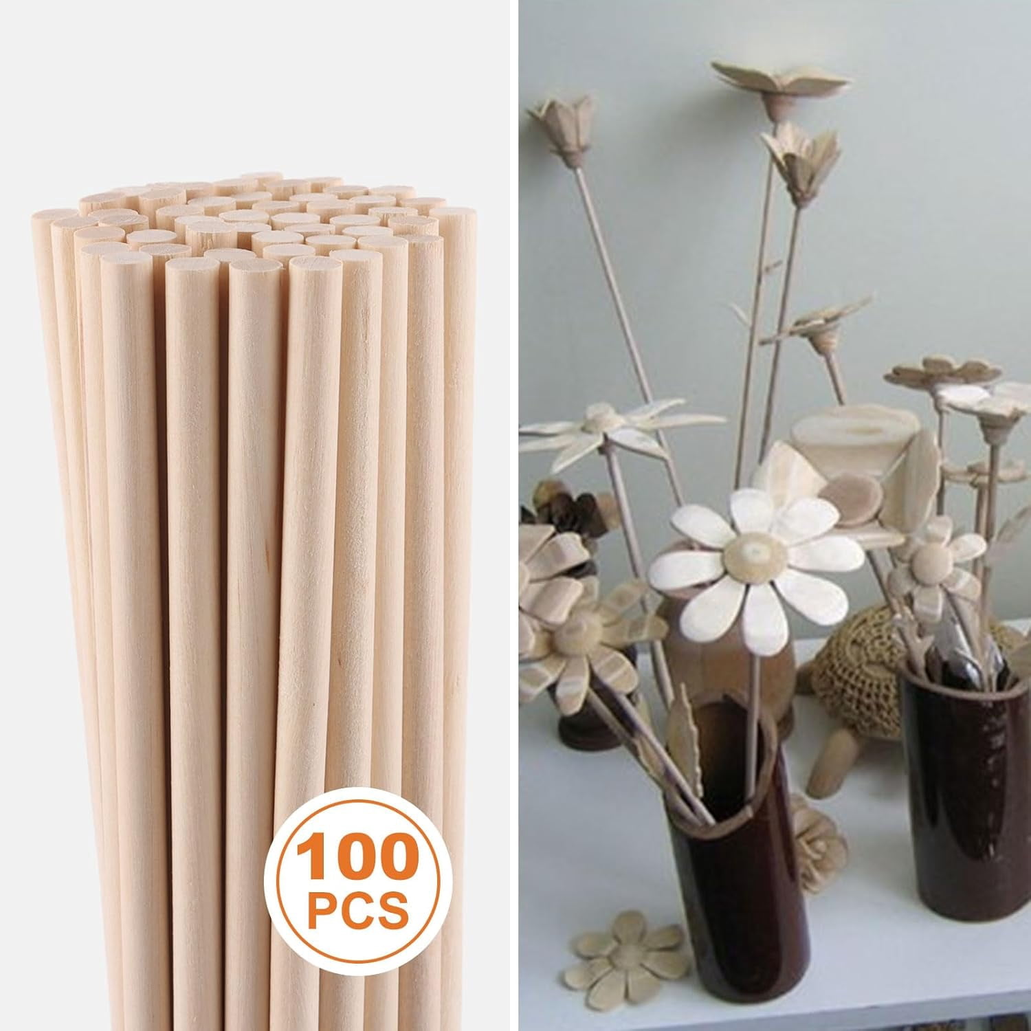 100PCS Wooden Dowel Rods, 3/8 Inch x 12 Inch Unfinished Hardwood Rod Wood Sticks for Crafts and DIYers