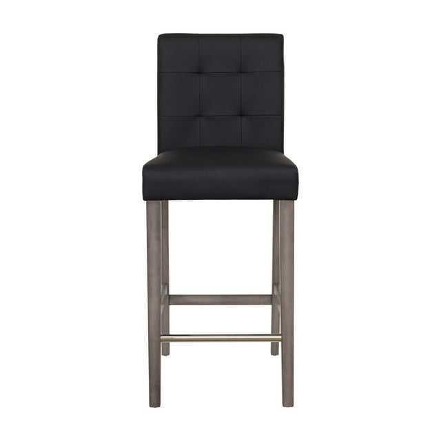 CorLiving Leila indoor barstool with black faux leather upholstery, tufted backrest, and wood legs.
